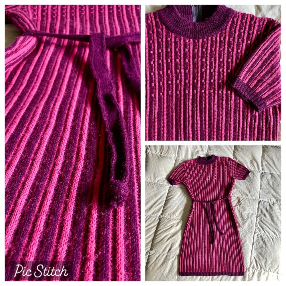 Vtg Rib Knit Sweater Dress Belt Pink Purple Stripe Acrylic S Retro Maximalist